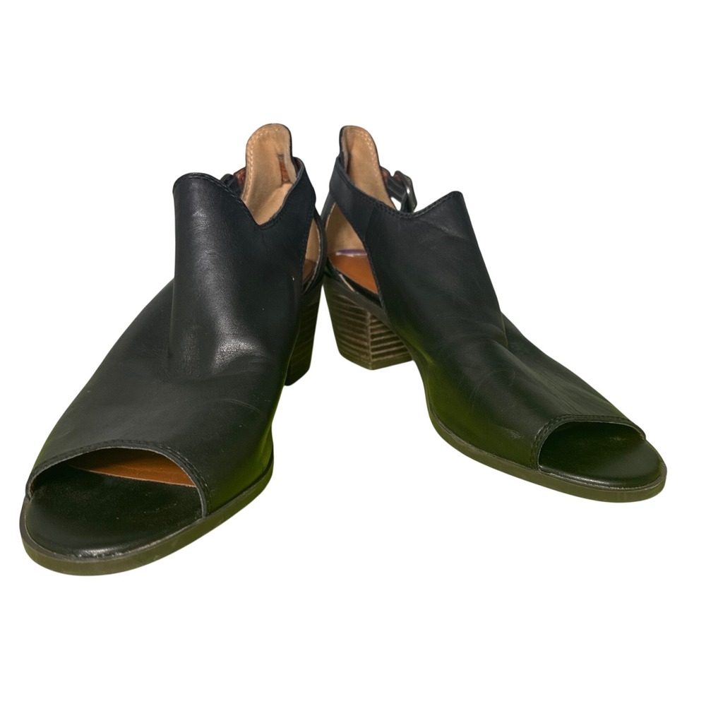 Lucky Brand Booties Womens 8.5 Black Peep Toe Cutout Block Heel Buckle Leather